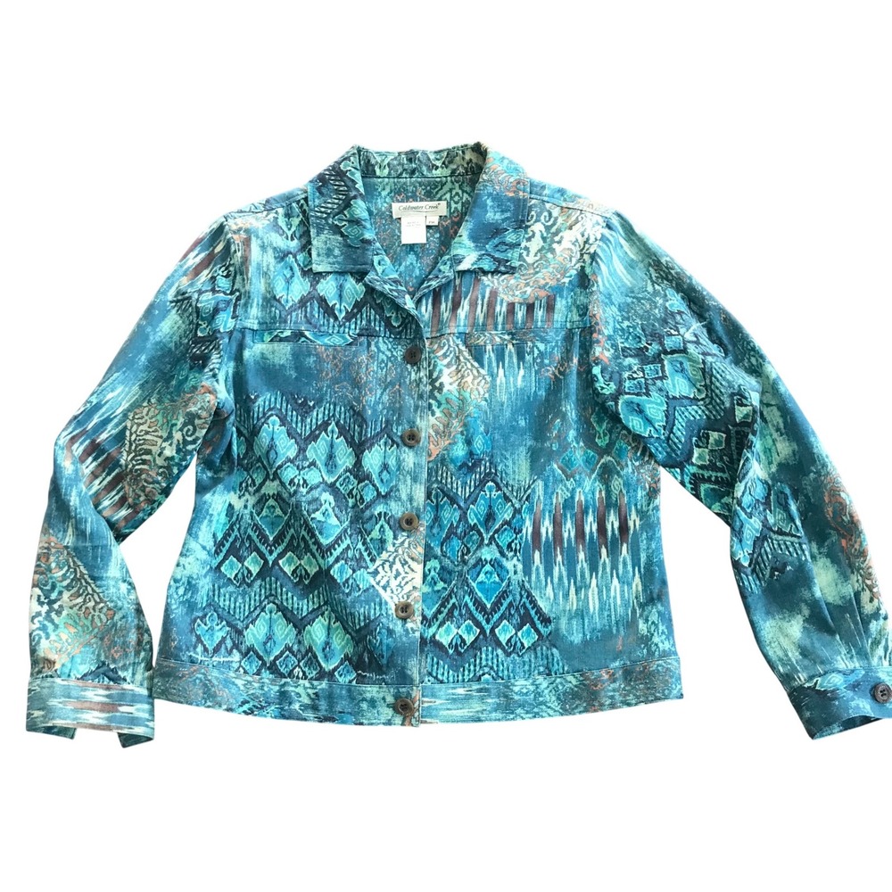 Coldwater Creek Teal Blue Ikat Medallion Denim Jacket PM Petite Button Front